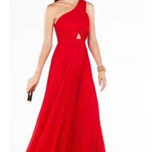 Red pleated sleeveless one shoulder dress by BCBG maxazria